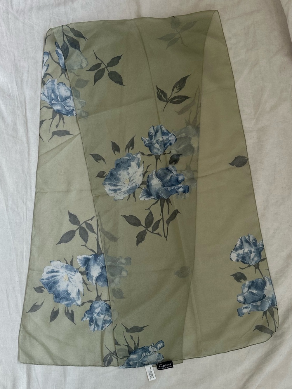 Vintage Cejon Sheer Floral Scarf in Olive and Blue